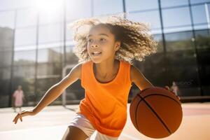 pre-adolescenziale ragazza dribbling palla a gli sport Tribunale. ai generato foto