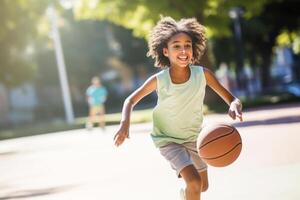 pre-adolescenziale ragazza dribbling palla a gli sport Tribunale. ai generato foto