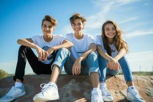 ritratto di 3 sorridente adolescenti indossare jeans e scarpe da ginnastica seduta su il parete, sfocato blu cielo sfondo. ai generato foto