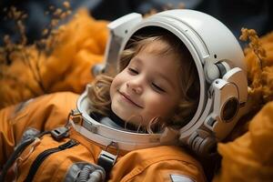 ritratto di poco bambino ragazza nel un astronauta costume. ai generato foto