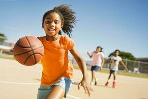 pre adolescente ragazza dribbling palla a gli sport Tribunale. ai generato foto