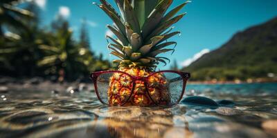 ananas indossare occhiali da sole nel un' albero su il costa. ai generato foto