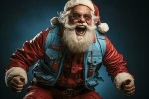 impaurito Grasso pazzo Santa Claus con grande addome barba danza x-mas Natale agrifoglio festa club indossare. ai generato foto