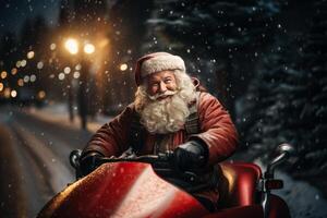 Santa Claus guida rosso gli sport auto su Natale di giorno, consegna regali.. ai generato foto