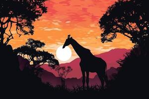 silhouette di africano animali. giraffa a tramonto vicino alberi. generativo ai foto