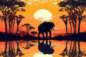 silhouette di africano animali. elefante a tramonto vicino alberi. generativo ai foto