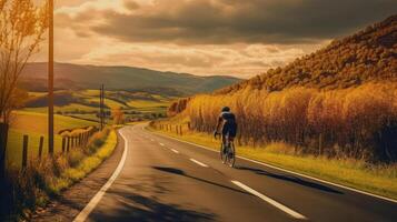 ciclista equitazione bicicletta a montagna strada. generativo ai foto
