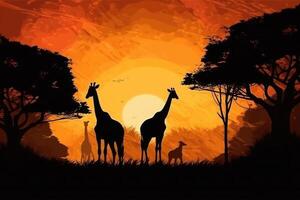 silhouette di africano animali. giraffa a tramonto vicino alberi. generativo ai foto