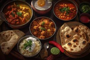 tradizionale indiano piatti, sopra Visualizza. generativo ai foto