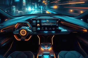 futuristico autonomo veicolo cabina di pilotaggio. auto digitale Pannello. generativo ai foto