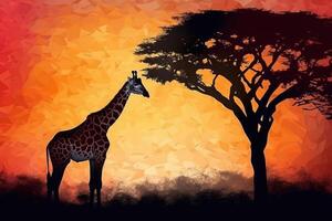 silhouette di africano animali. giraffa a tramonto vicino alberi. generativo ai foto