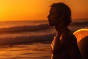 uomo con tavola da surf su mare spiaggia a tramonto. generativo ai foto