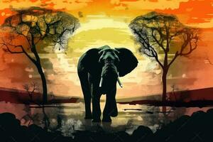 silhouette di africano animali. elefante a tramonto vicino alberi. generativo ai foto