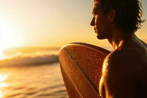 uomo con tavola da surf su mare spiaggia a tramonto. generativo ai foto