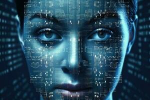 digitale femmina viso ologramma su futuristico sfondo. generativo ai foto
