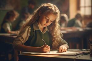 ragazza a scrivania nel aula. formazione scolastica nel elementare scuola. generativo ai foto