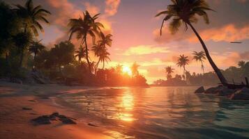 mare spiaggia paesaggio con tropicale palme a tramonto. generativo ai foto