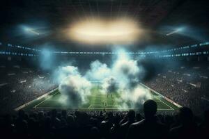 calcio stadio con illuminato luci, razzi e Fumo bombe. generativo ai foto