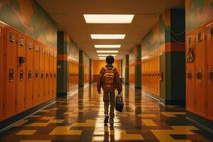 indietro Visualizza di ragazzo nel scuola. formazione scolastica nel elementare scuola. generativo ai foto