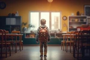 indietro Visualizza di ragazzo nel scuola. formazione scolastica nel elementare scuola. generativo ai foto