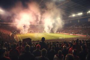 calcio stadio con illuminato luci, razzi e Fumo bombe. generativo ai foto