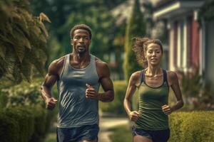 coppia in esecuzione insieme. maschio e femmina atleta jogging. generativo ai foto