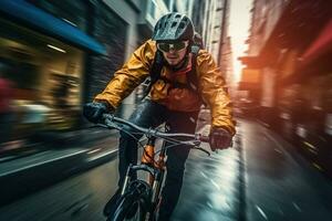 maschio motociclista guida ciclo a città strada. generativo ai foto