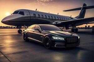 privato Jet e lusso auto nel aeroporto. generativo ai foto