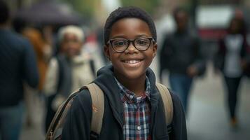 ragazzo partire per scuola. scolaro ritratto a strada. generativo ai foto