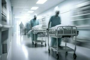 ospedale emergenza squadra corsa paziente nel clinica corridoio. generativo ai foto