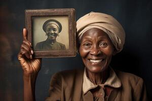 anziano nero donna detiene un vecchio fotografia nel sua mani. generativo ai foto