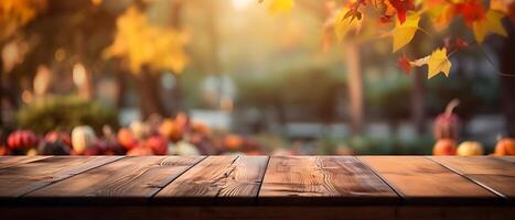 vuoto di legno tavolo nel giardino di autunno volta. ai generato foto