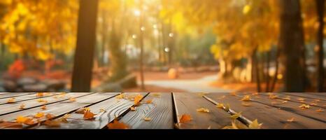 vuoto di legno tavolo nel giardino di autunno volta. ai generato foto