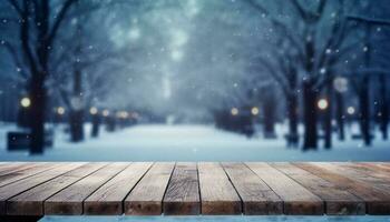 vuoto di legno tavolo nel davanti di inverno paesaggio sfocato sfondo.ai generato foto