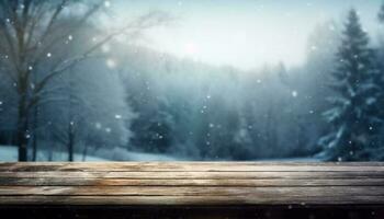 vuoto di legno tavolo nel davanti di inverno paesaggio sfocato sfondo.ai generato foto