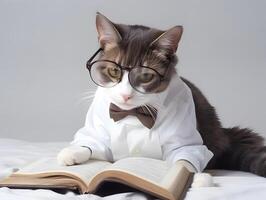 carino animale domestico gatto con occhiali e ha aperto libro. ai generato. foto