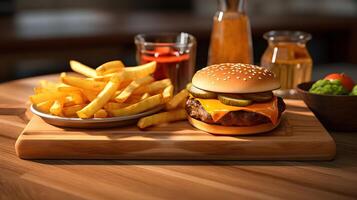 delizioso fatti in casa hamburger con formaggio e lattuga su un' di legno tavola generativo ai, ai generato foto