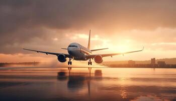 passeggeri aereo assunzione via a alba, riflettendo su acqua sotto generato di ai foto