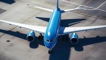 blu aereo assunzione spento, in partenza campo di aviazione per attività commerciale viaggio viaggio generato di ai foto