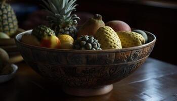 salutare stile di vita fresco frutta ciotola su di legno tavolo generato di ai foto