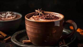 buongustaio caldo cioccolato su rustico di legno tavolo generato di ai foto