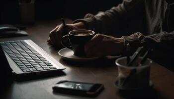 uno persona Lavorando a tavolo con caffè generato di ai foto