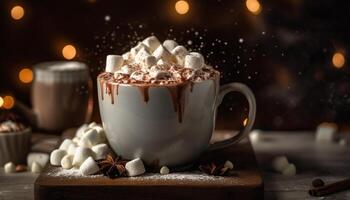 caldo cioccolato con marshmallows su rustico legna tavolo generato di ai foto