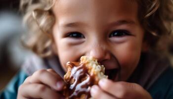 sorridente bambino piccolo Tenere dolce cioccolato biscotto in casa generato di ai foto