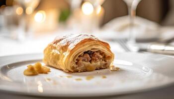 al forno dolce strudel fetta su buongustaio piatto generato di ai foto