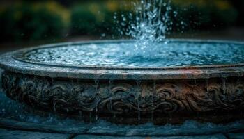 rinfrescante goccia di pioggia spruzzi nel un' metallo Fontana generato di ai foto