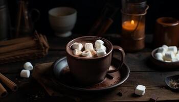 caldo cioccolato riscalda tavolo, cuori, e anime generato di ai foto