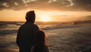 famiglia abbraccia su spiaggia a tramonto felicemente generato di ai foto