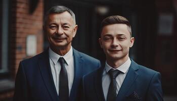 Due uomini d'affari nel tute sorridente con fiducia generato di ai foto