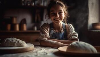 carino ragazza apprendimento cottura al forno abilità nel cucina generato di ai foto